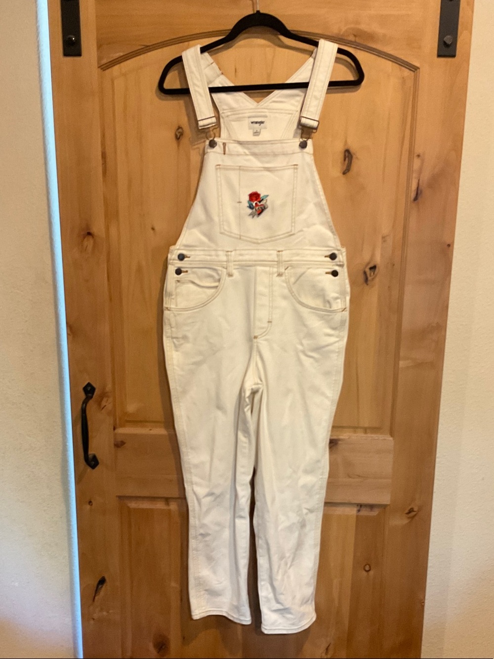 Wrangler White Denim Overalls with Red Rose Embroidery